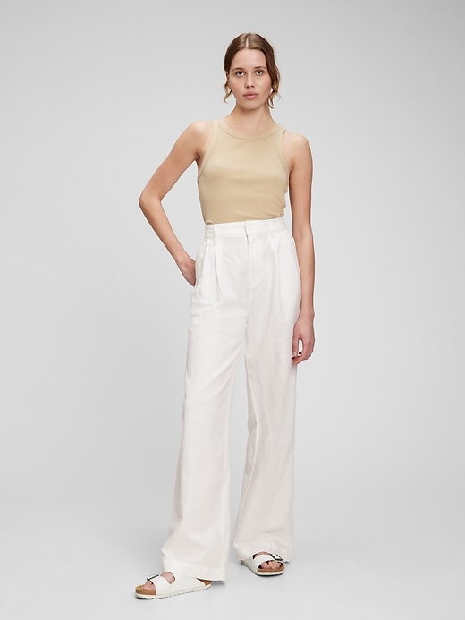 Image number 7 showing, High Rise Linen-Cotton Pleated Wide Leg Pants