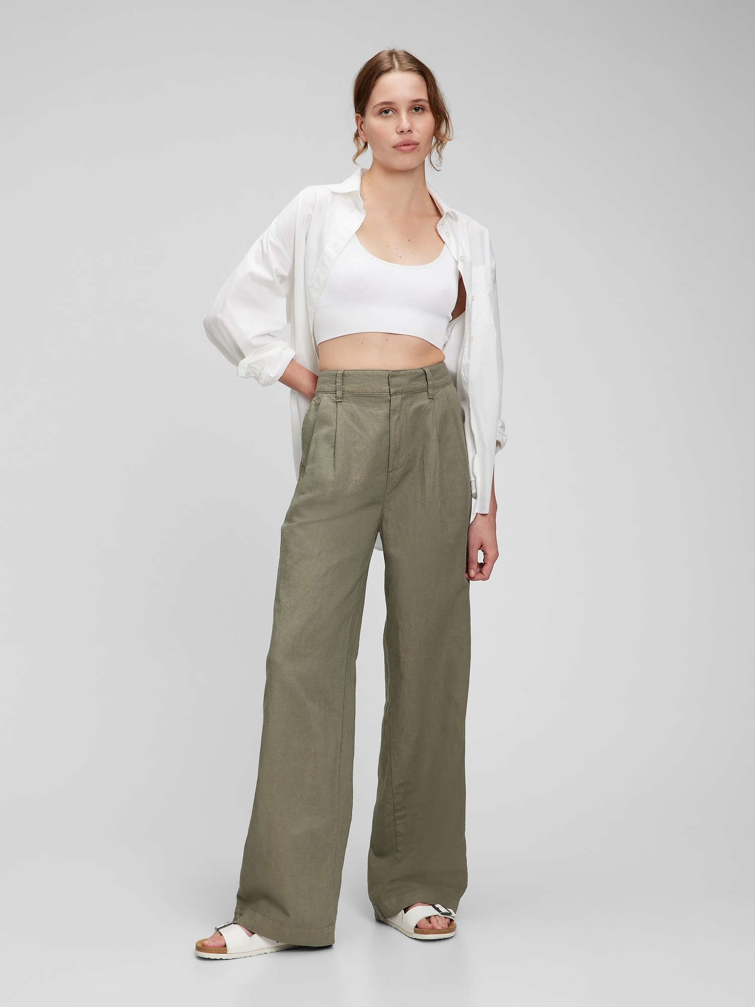 High Rise Linen-Cotton Pleated Wide Leg Pants with Washwell | Gap