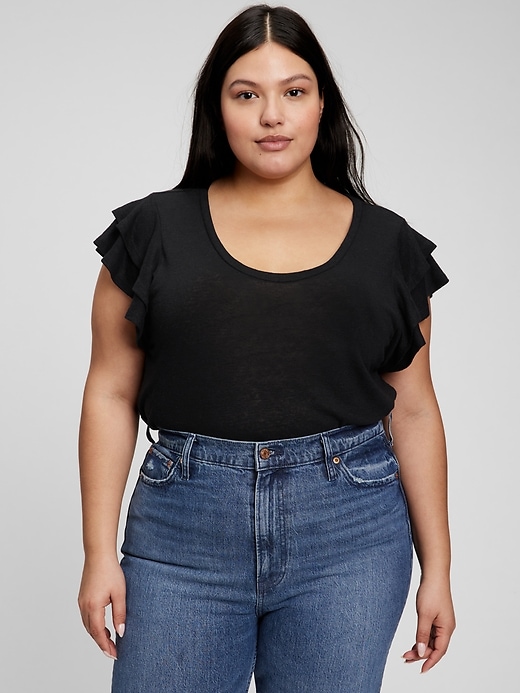1 of 8 showing, with the color black of product Linen Blend Flutter Sleeve Top