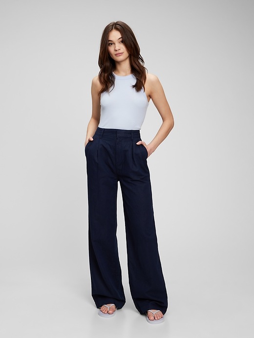 Image number 6 showing, High Rise Linen-Cotton Pleated Wide Leg Pants