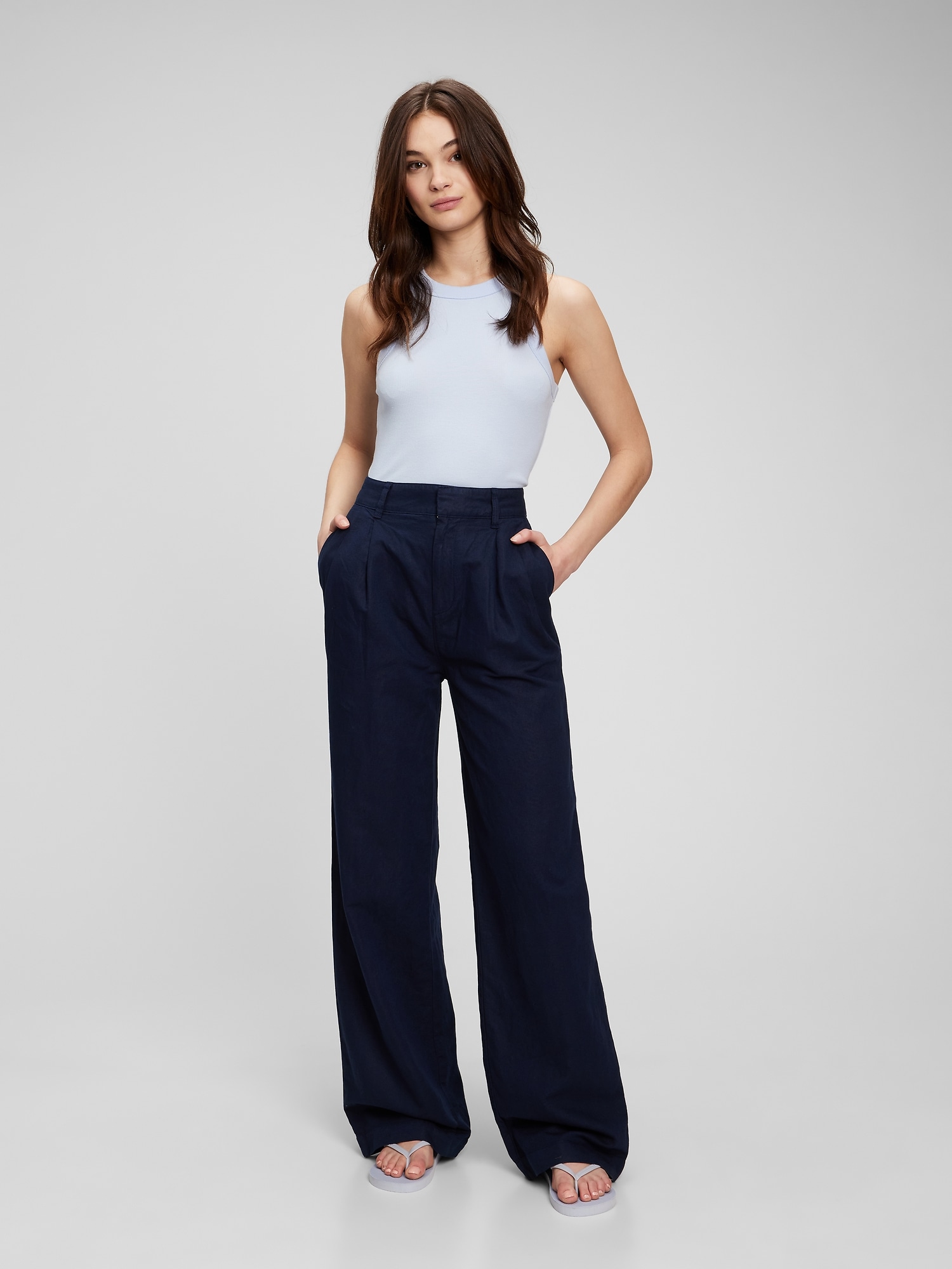 High Rise Linen-Cotton Pleated Wide Leg Pants with Washwell | Gap