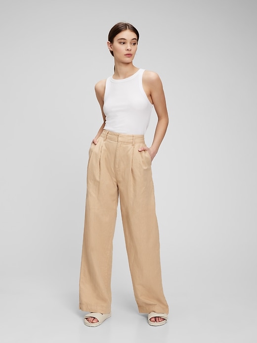 High Rise Linen-Cotton Pleated Wide Leg Pants with Washwell