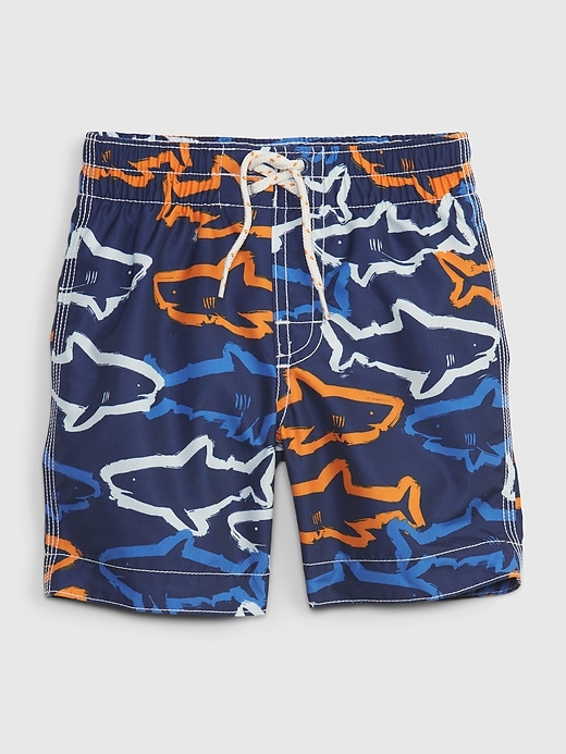 1 of 8 showing, with the color elysian blue of product Toddler 100% Recycled Printed Swim Trunks