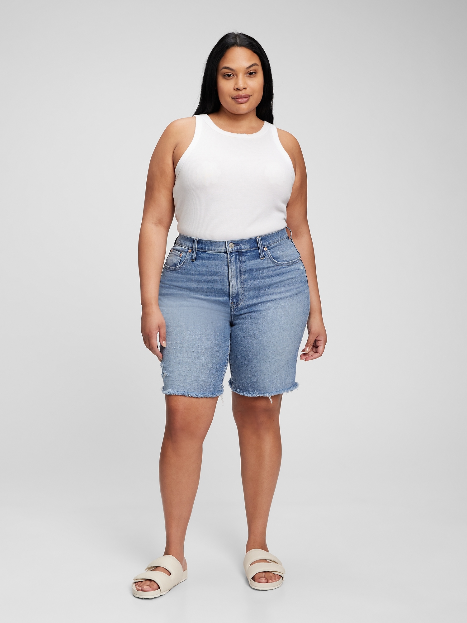 High Rise Denim Bermuda Shorts with 