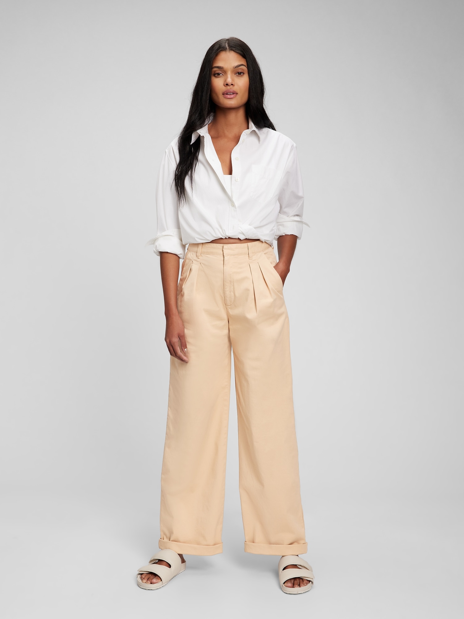 High Rise Pleated Wide-Leg Khakis with Washwell | Gap