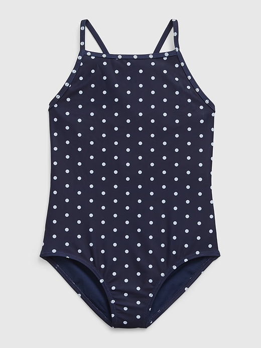 1 of 8 showing, with the color NAVY POLKA DOT of product Kids Recycled Print Swim One-Piece