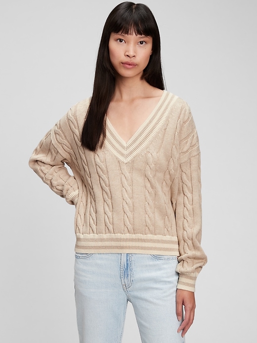 Varsity V-Neck Cable Knit Sweater | Gap