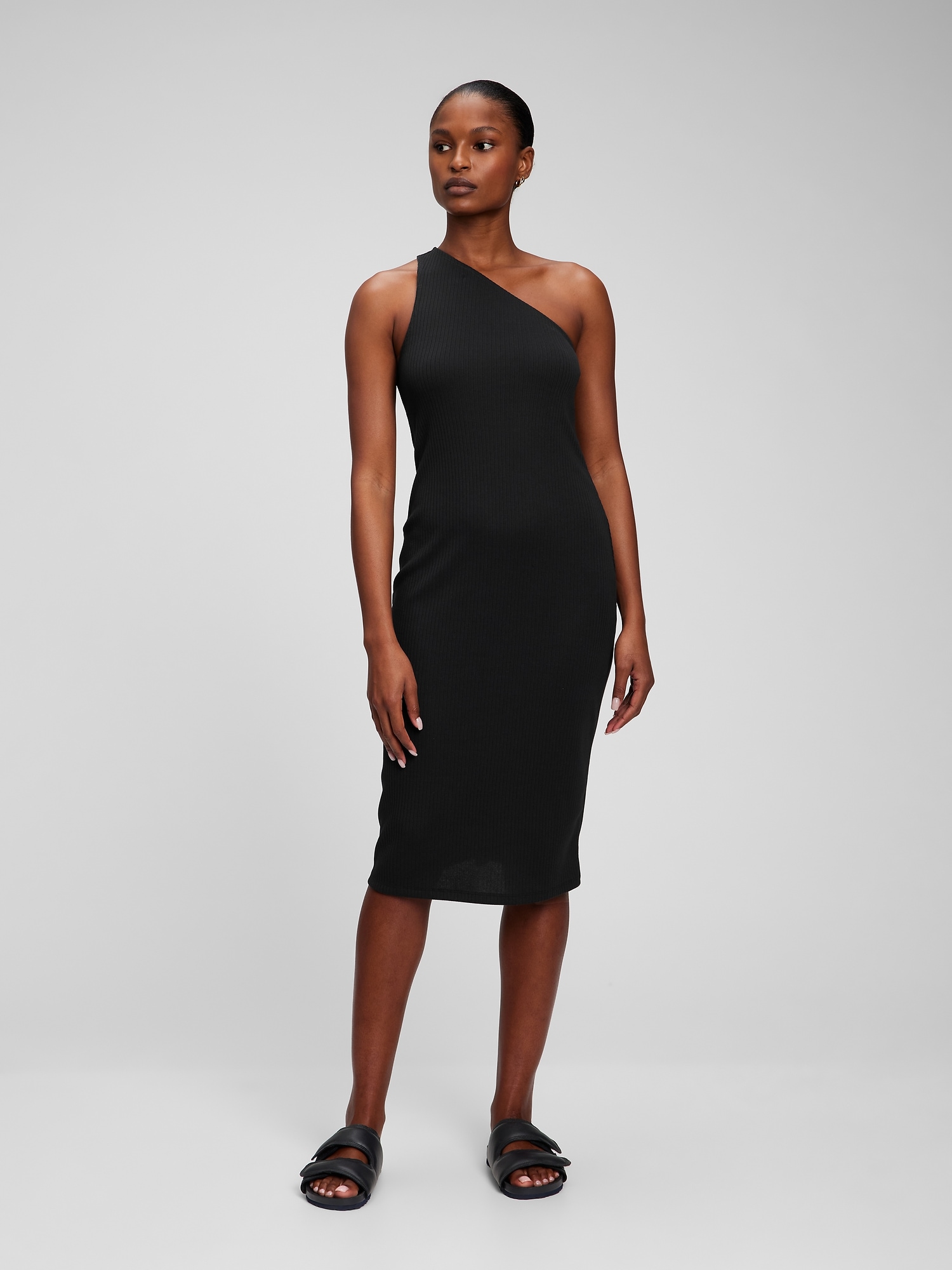 Women's Rib One Shoulder Midi Dress by Gap Black Tall Size M