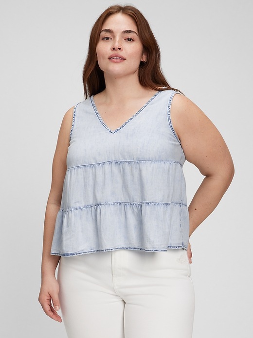 Image number 4 showing, 100% Organic Cotton Denim Tiered Tank Top with Washwell