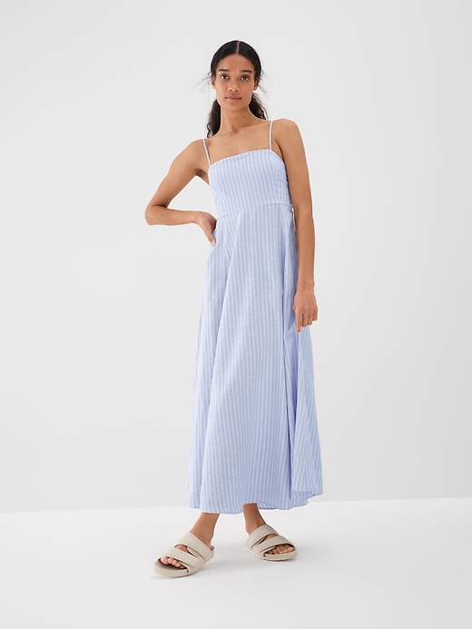1 of 8 showing, with the color blue stripe of product Linen Blend Empire Waist Maxi Dress