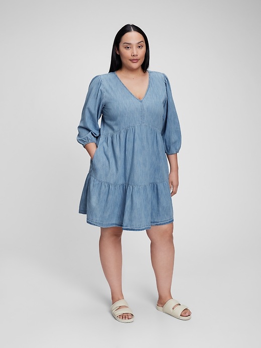 Image number 4 showing, 100% Organic Cotton Denim Tiered Dress with Washwell