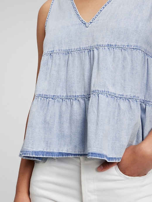 Image number 3 showing, 100% Organic Cotton Denim Tiered Tank Top with Washwell