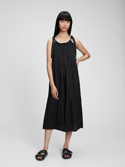 1 of 8 showing, with the color true black of product Tie-Shoulder Tiered Midi Dress