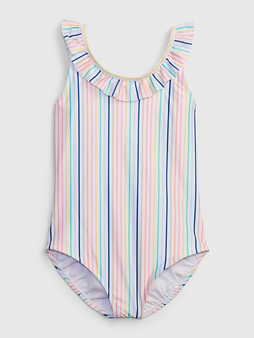1 of 8 showing, with the color spring rainbow stripe of product Kids Recycled Ruffle Swim One-Piece