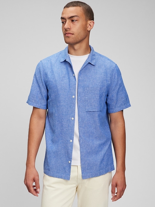 1 of 8 showing, with the color light blue of product Vacay Shirt in Linen-Cotton