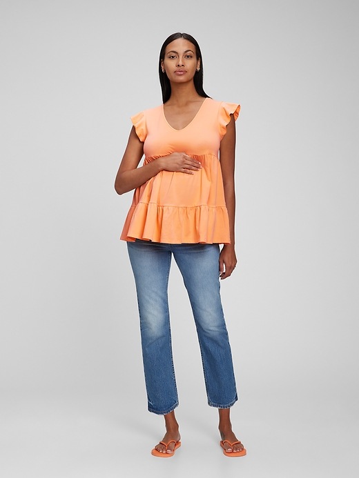 1 of 8 showing, with the color orange neon coral of product Maternity Flutter Sleeve Top