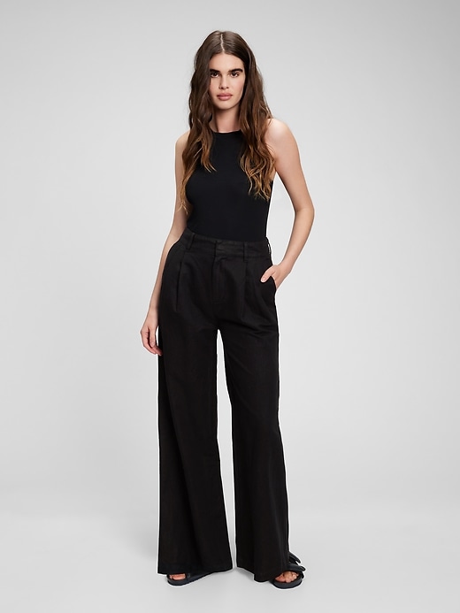 1 of 8 showing, with the color true black of product High Rise Linen-Cotton Pleated Wide Leg Pants