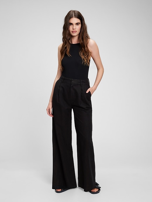 Image number 1 showing, High Rise Linen-Cotton Pleated Wide Leg Pants