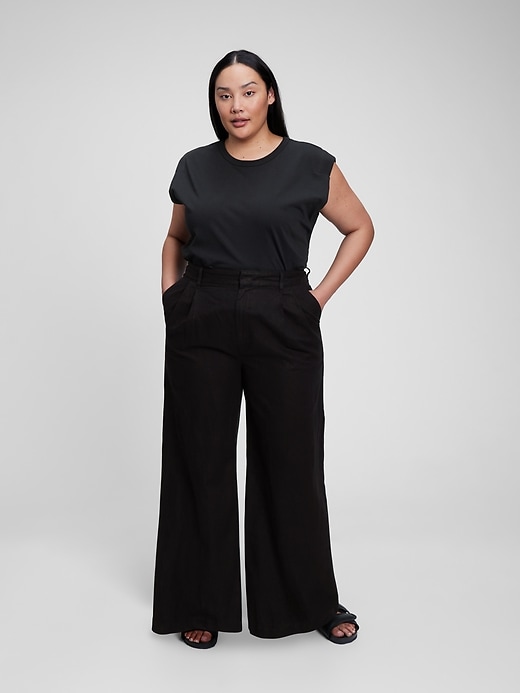 Image number 4 showing, High Rise Linen-Cotton Pleated Wide Leg Pants with Washwell