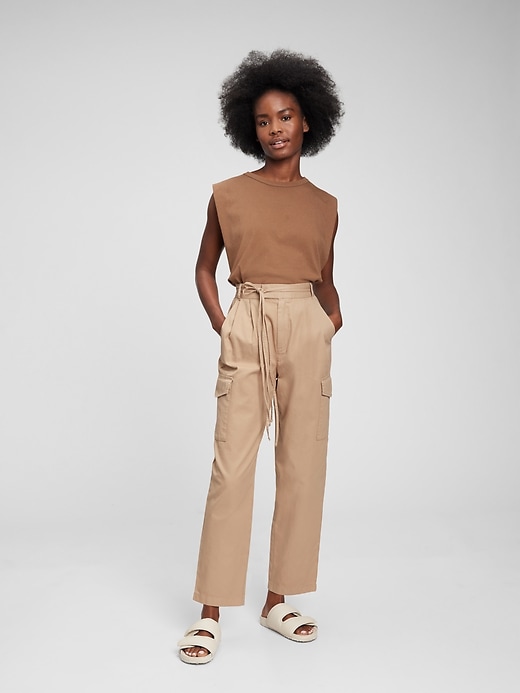 1 of 8 showing, with the color khaki tan of product High Rise Pleated Cargo Pants with Washwell