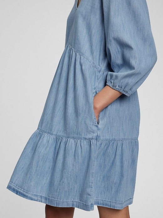 Image number 3 showing, 100% Organic Cotton Denim Tiered Dress with Washwell