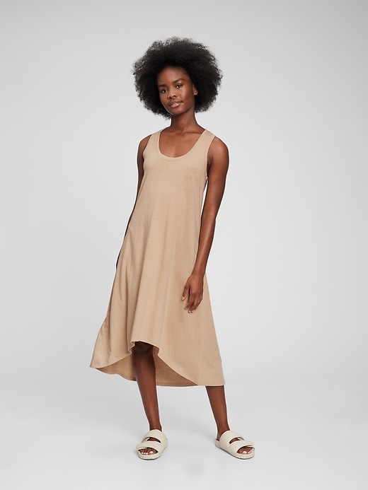 1 of 8 showing, with the color Sand khaki of product Linen Cotton Hi-Low Tank Dress