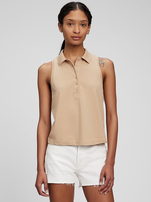 1 of 8 showing, with the color new sand beige of product Sleeveless Cropped Pique Polo