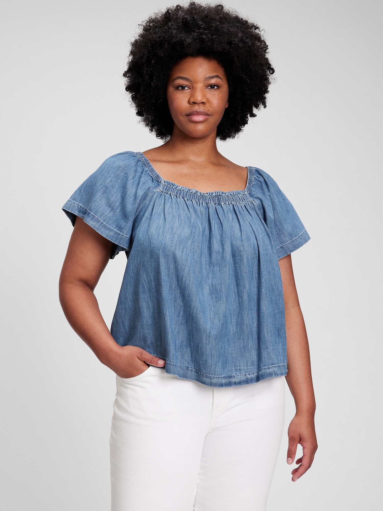 Organic Cotton Denim Flutter Sleeve Top 