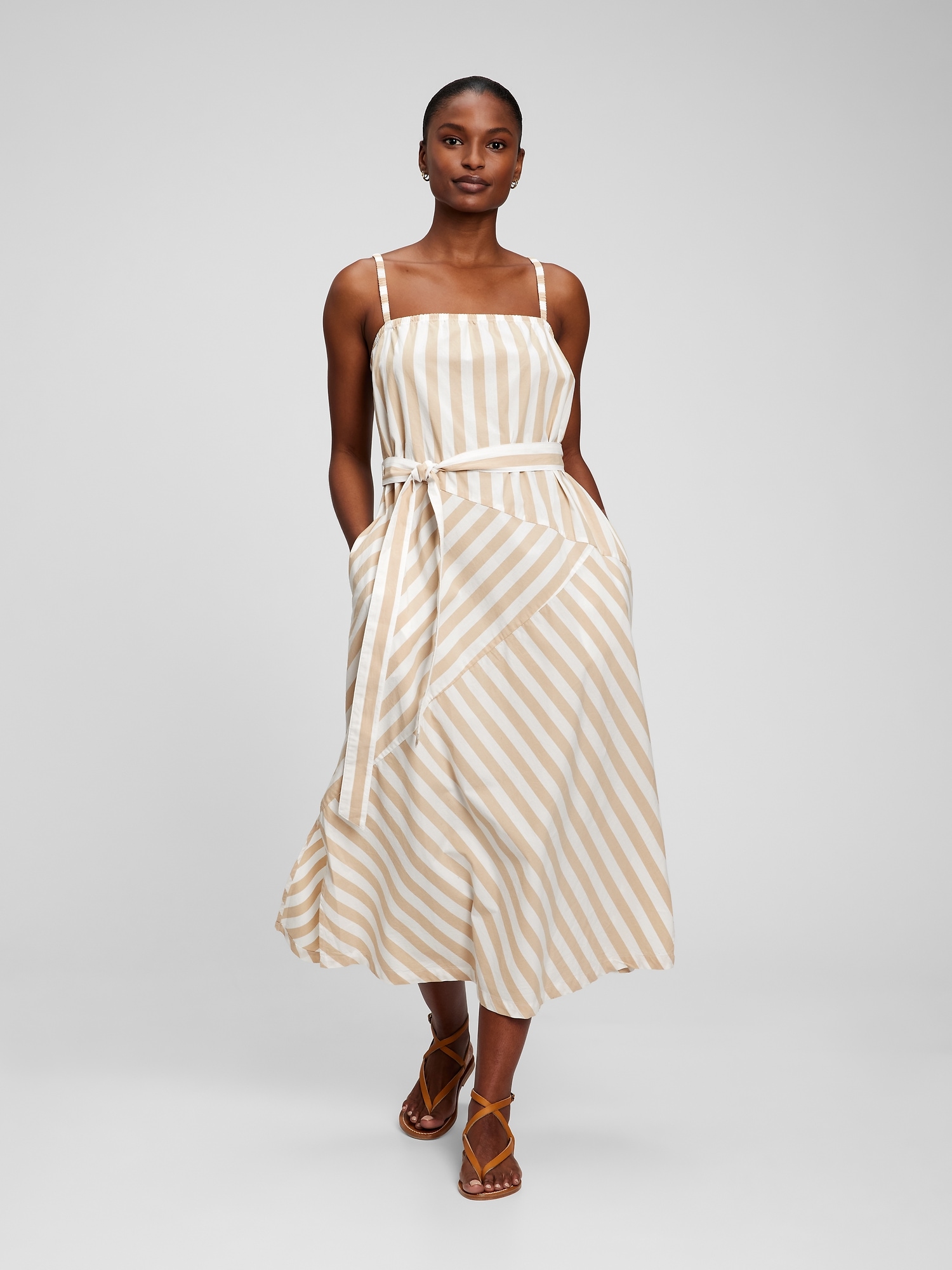 Gap Patchwork Midi Dress In Khaki Stripe