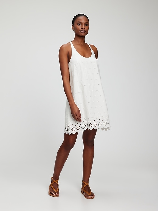 1 of 8 showing, with the color new off white of product Eyelet Scalloped Mini Dress