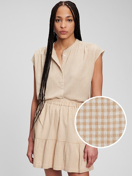 1 of 8 showing, with the color beige gingham of product Double-Button Top