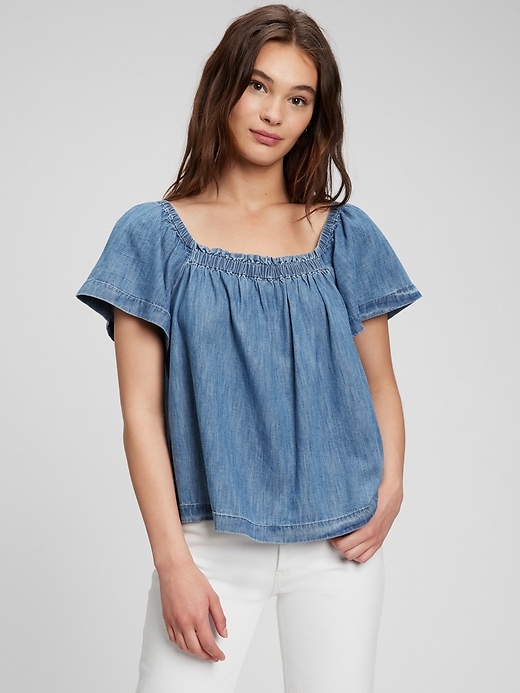 Image number 1 showing, 100% Organic Cotton Denim Flutter Sleeve Top with Washwell