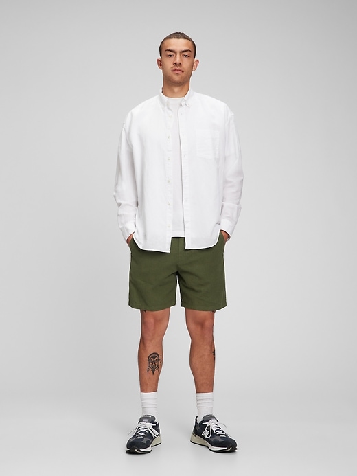 1 of 8 showing, with the color succulent green of product 7" Linen-Cotton Easy Shorts with E-Waist