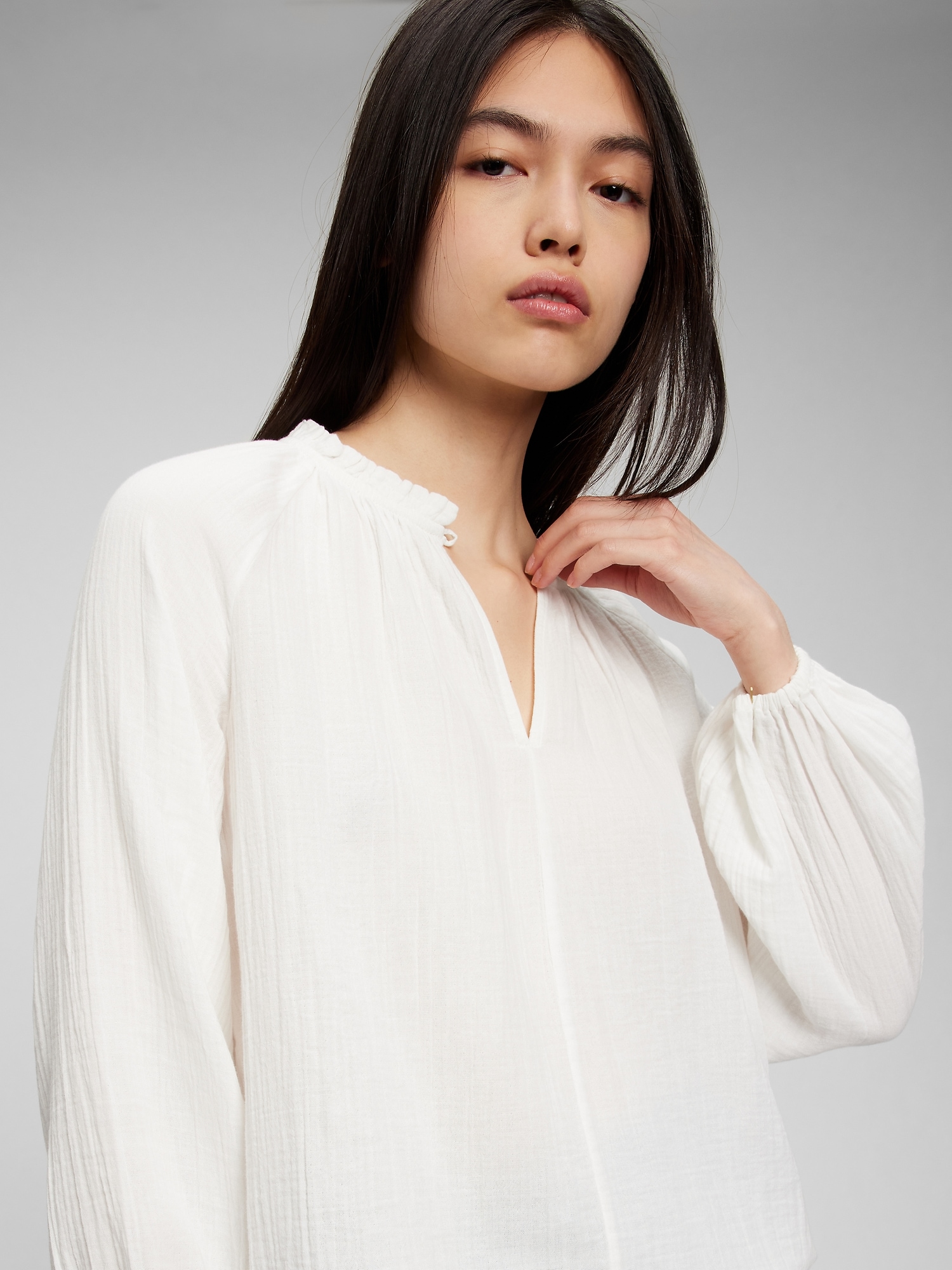 Crinkle Gauze Ruffle Neck Top Gap