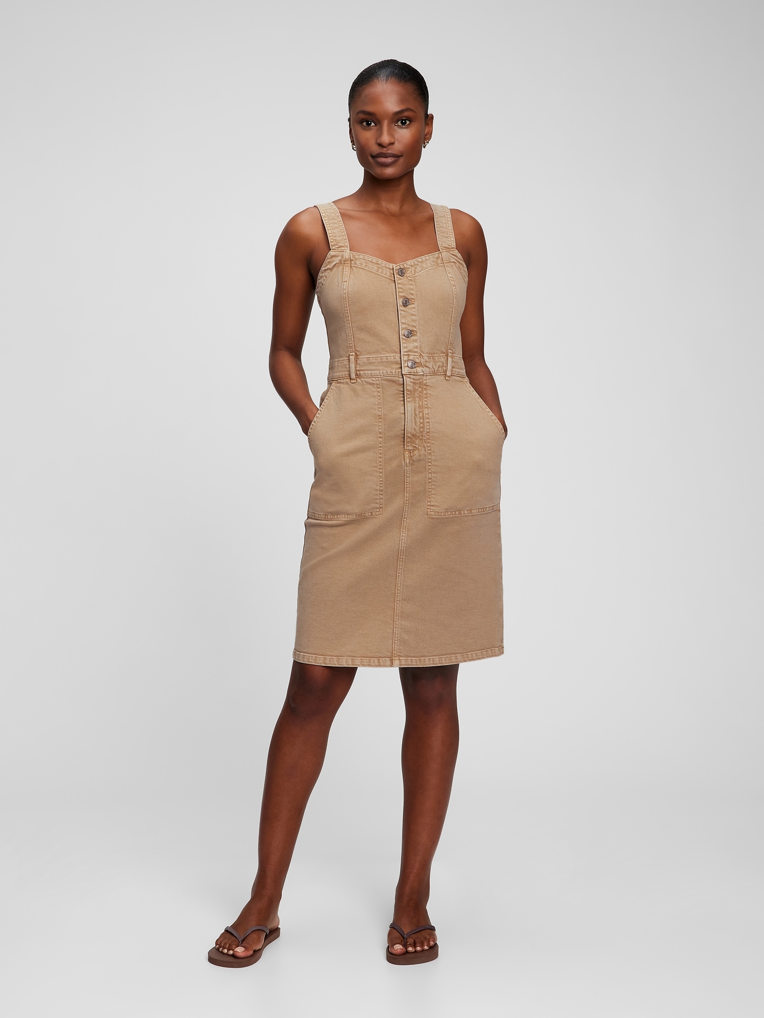 V Neck Button Front Midi Dress Gap