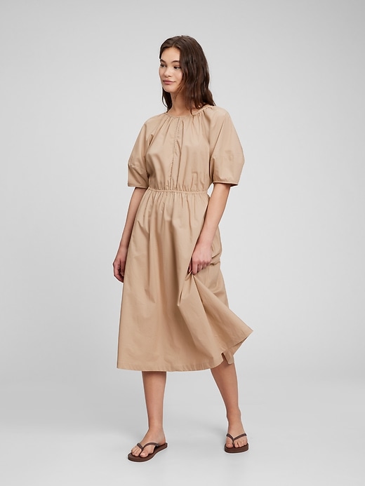1 of 8 showing, with the color golden khaki tan of product Puff Sleeve Keyhole Midi Dress