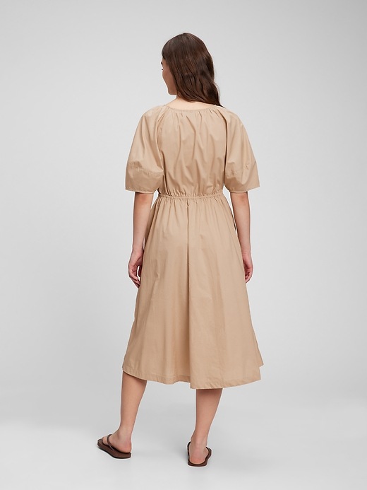 2 of 8 showing, with the color golden khaki tan of product Puff Sleeve Keyhole Midi Dress