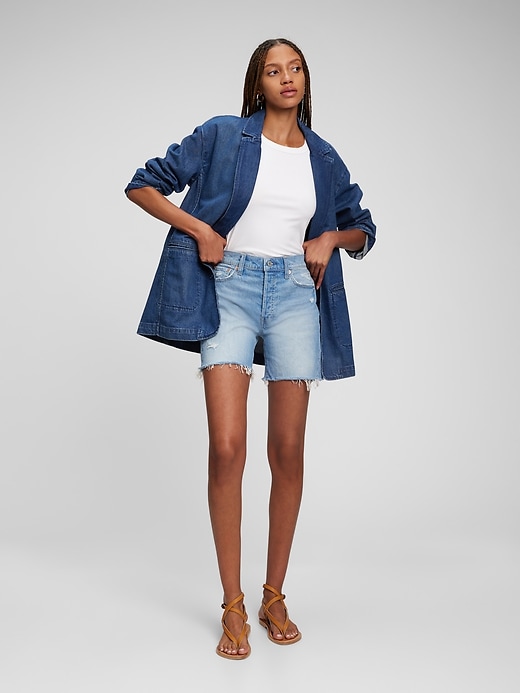 1 of 8 showing, with the color light indigo of product 6" High Rise Cheeky Midi Shorts with Washwell