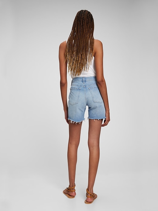 2 of 8 showing, with the color light indigo of product 6" High Rise Cheeky Midi Shorts with Washwell
