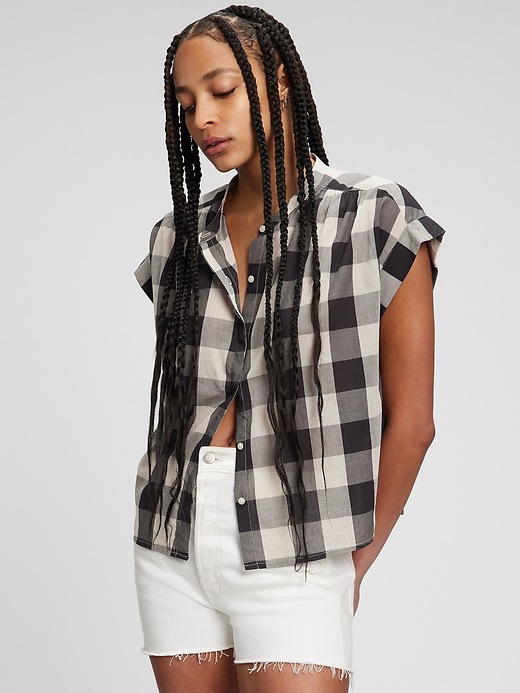 1 of 8 showing, with the color BLACK CHECK of product Shirred Button-Front Shirt