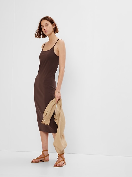 1 of 8 showing, with the color espresso brown of product Modern Cami Midi Dress