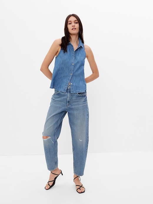 1 of 8 showing, with the color light indigo of product 100% Organic Cotton Denim Halter Shirt with Washwell