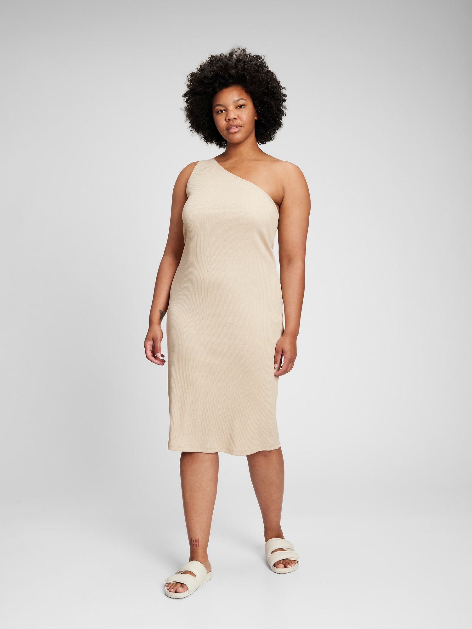 Women's Rib One Shoulder Midi Dress by Gap Sand Beige Tall Size M