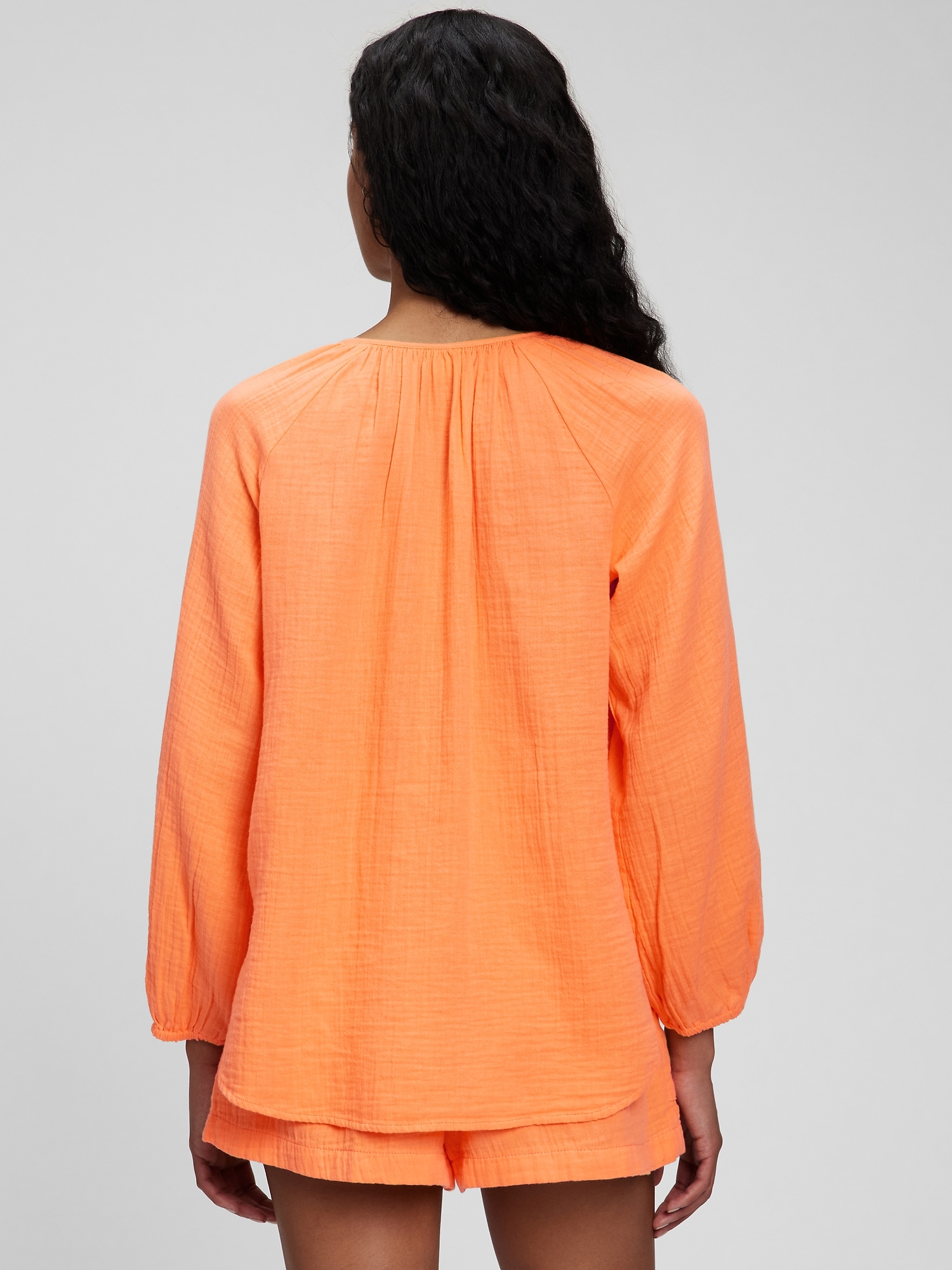 Crinkle Gauze Boatneck Button-Front Top