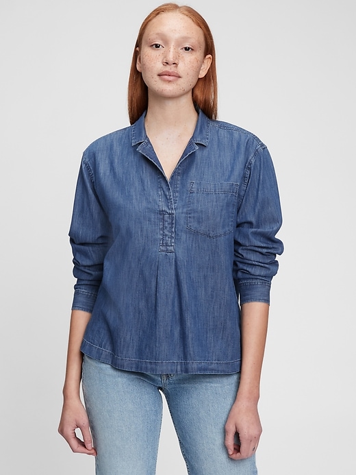 1 of 8 showing, with the color medium indigo of product 100% Organic Cotton Denim Popover Shirt