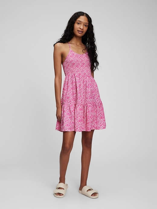 1 of 8 showing, with the color pink floral of product Smocked Tiered Mini Dress