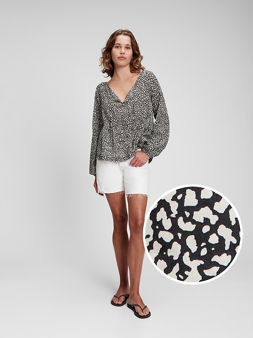 1 of 8 showing, with the color black print of product Printed Tie-Front Peplum Top