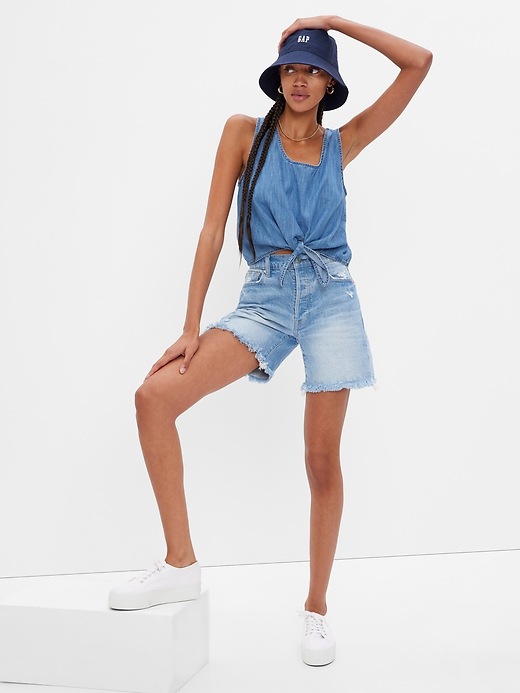 Image number 1 showing, Denim Cropped Knot Tank Top with Washwell