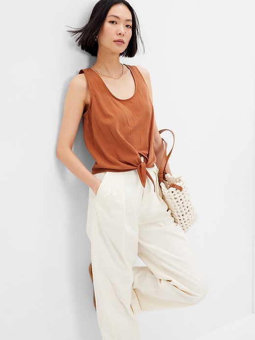 1 of 8 showing, with the color rusty brown of product TENCEL™ Lyocell Cropped Knot Tank Top
