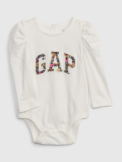 1 of 8 showing, with the color new off white of product Baby 100% Organic Cotton Gap Logo Bodysuit